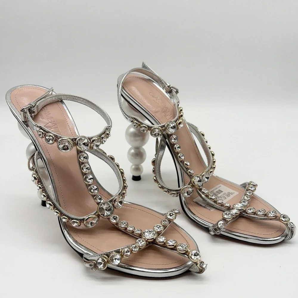 Giambattista Valli Crystal-Embellished T-Strap‎ Sandals Pearl Heel Bridal 39